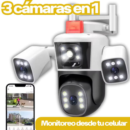 CAMARA DE SEGURIDAD🚨3 LENTES NEW 2025-con Sirena, Visión Nocturna y Detección Humana
